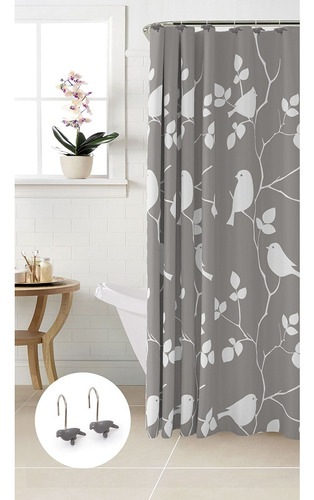 Set Cortina De Baño De Vinilo Estampada + Ganchos De Resina