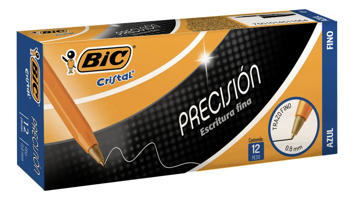 Plumas Lapiceros BIC Precisión Punto Fino Barril Amarillo Tinta Azul 12 Piezas