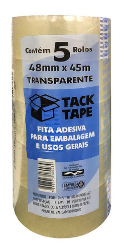 Fita Empacotamento Tack Tape 48mmx45m Transparente 5 Rolos