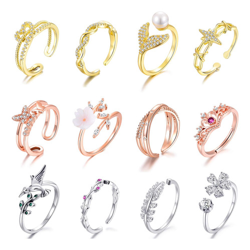 Juego De 12 Anillos De Oro Rosa Para Mujer, Anillos Para De