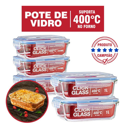 Kit Com 5 Potes De Vidro Click Glass Premium 100% Herméticos