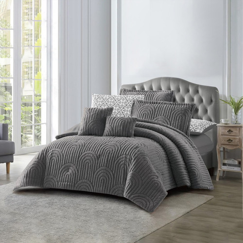 Edredón 7 Pzs Elena Flannel Queen Size 240 X 220 Color Gris Oxford Diseño De La Tela Ondas