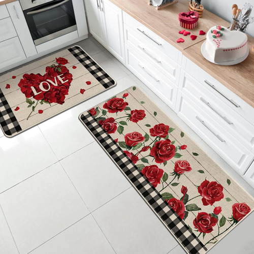 Juego De 2 Alfombras De Cocina Con Flores Rojas Para El Día