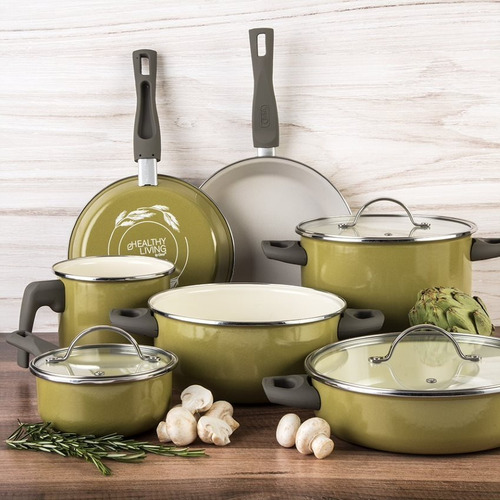 Imagen 2 de 10 de Batería De Cocina Cinsa Healthy Living Verde Olivo 10 Piezas