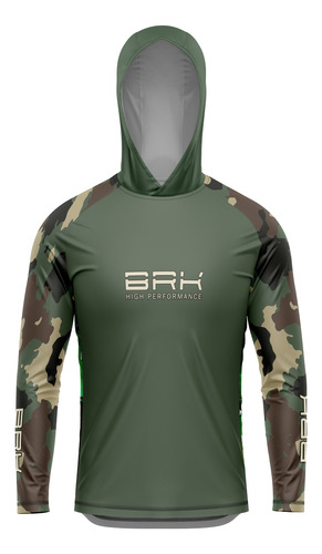 Camisa De Pesca Com Capuz Brk Camuflada Verde Com Uv 50+