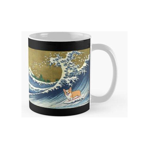 Taza Perro Corgi Surfeando La Gran Ola Calidad Premium