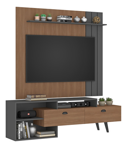 Combo Panel Tv 65 Rack Tv 2 Puertas Café Gris