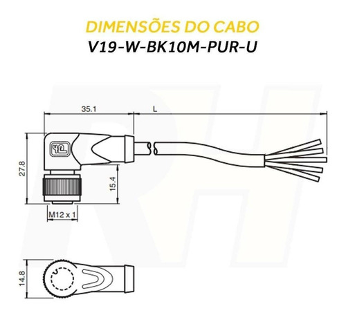 Cabo De 10m Com Conector M12 90º/8 Vias - V19-w-bk10m-pur-u
