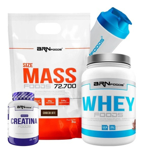 Kit Hipercalórico 3kg + Whey 900g + Creatina 100g + Shaker Sabor Morango