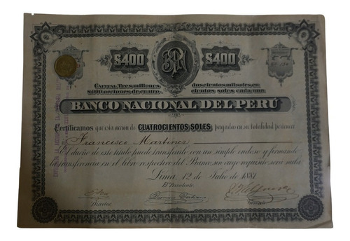 Bono Banco Nacional Del Perú 400 Soles Acciones Capital 1881