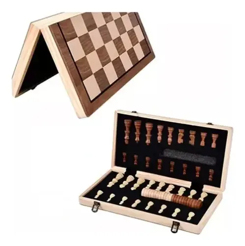 Juego De Ajedrez Y Damas 2 En 1 – Tablero Magnético De Madera Plegable 39x39 Cm – Con Piezas Y Libro De Estrategias