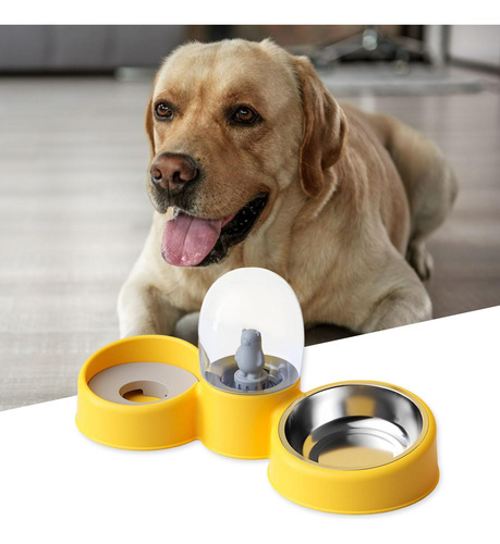 Cuencos Para Perros Y Gatos 2 En 1, Dispensador Amarillo