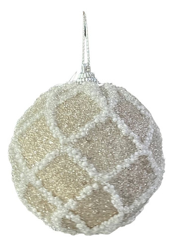 Enfeite Árvore 3 Bolas De Natal Decorada Bege E Branco 8 Cm 