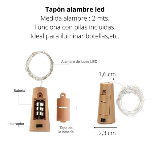 Tapon Led Para Botella Vino Luz Led Alambre Calida C Pila