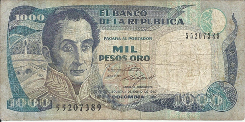 Colombia  1000 Pesos 1 Enero 1987 Imprenta Bogotá
