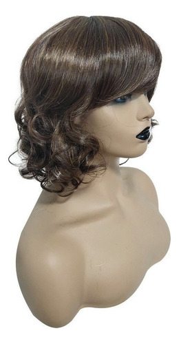 Peluca Cabello Ondulado Corto Mullido Castaño Mujer