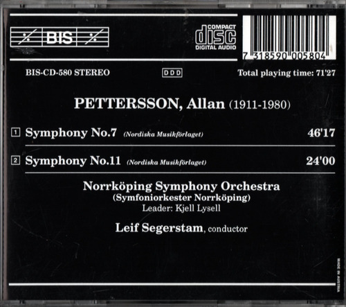 Cd Allan Pettersson Symphonies 7 & 11 Leif Segerstam (Usado)