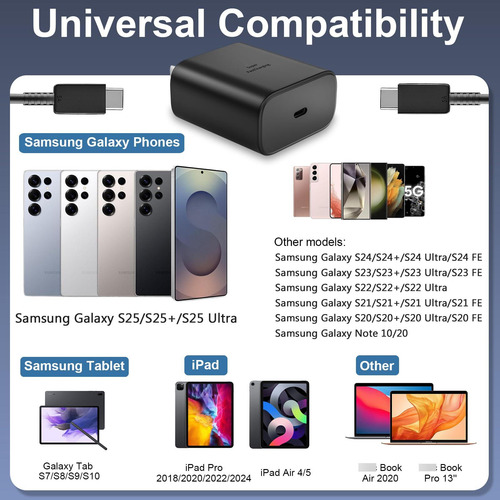 Cargador Rápido 45w Samsung Galaxy S25/s24/s23 Usb C 6.6ft Negro