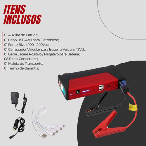 Auxiliar Partida Bateria Veicular Chupeta Usb Mala Lanterna