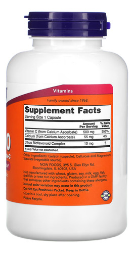 Vitamina C-500 Now Foods Ascorbato Cálcio 250 Cpas Importado