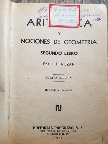 A7 Aritmética Y Nociones De Geometría 2o Libro José E. Rozan (Usado)