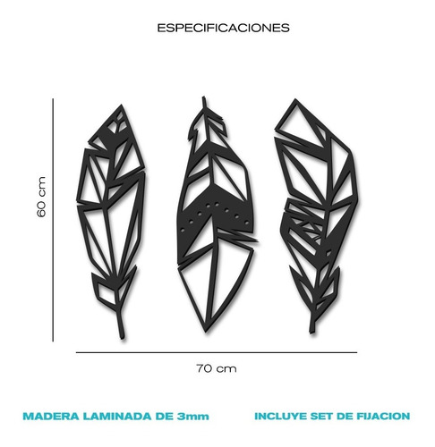 Imagen 7 de 7 de Cuadro Decorativo En Madera Calada 3 Plumas Mural Xl
