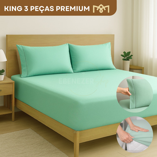 Jogo De Lençol King C/ Elástico E Fronhas Ponto Palito 3 Peças 400 Fios Hotel Premium Cor Verde Agua