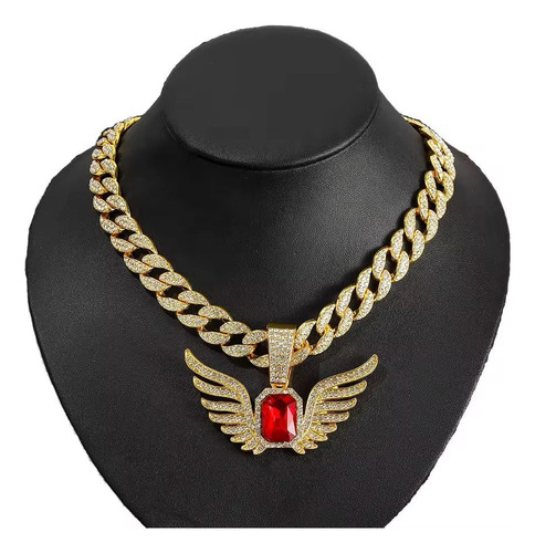 Cadena Cubana Dorada + Dije Alas Rojas Iced Hombre Hip Hop Dorado