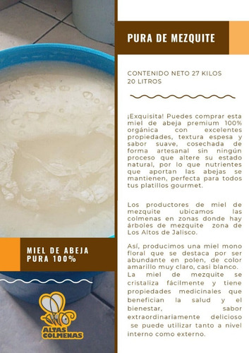 Miel De Abeja De Mezquite Pura , 2 Litro/1.350 Grs C/u