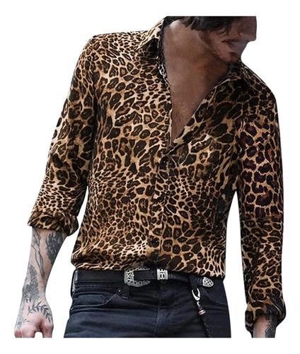Camisa Hombre C Botones Estampado Leopardo Manga Larga 4214