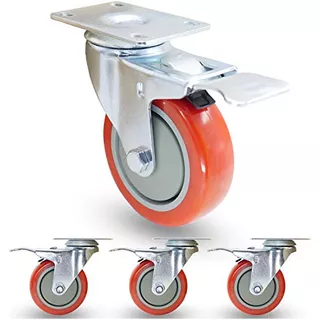 4 Red Swivel W Safety Dual Locking Caster Top Plate Ins...