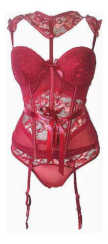 Conjunto De Lencería De Corsé De Malla De Encaje Para Mujer
