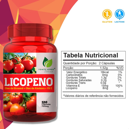 Licopeno Óleo de Girassol Semente de Abóbora 100 Natural 750mg 120 Cáps Fonte Verde Nutricional
