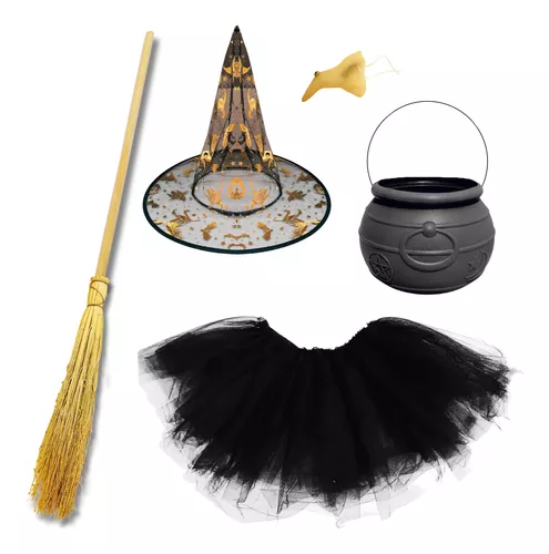 Kit Fantasia Bruxa Vassoura Chapéu Festa Halloween