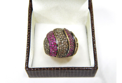 Anel Em Ouro 18k Com Rubis E Brilhantes Negros