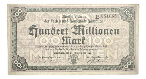 Billete 100 Millones Alemania Notgeld 1923 Kel 2109 Hamburgo (Usado)