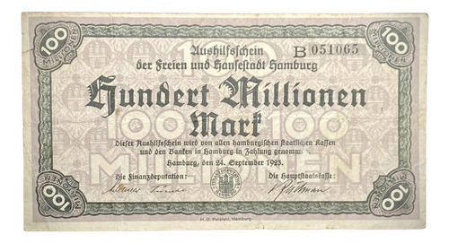 Billete 100 Millones Alemania Notgeld 1923 Kel 2109 Hamburgo