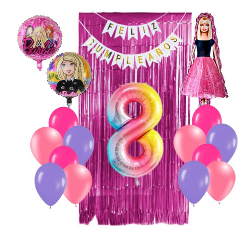 Set Combo De Globos Barbie + Numero + Banderin + Cortina