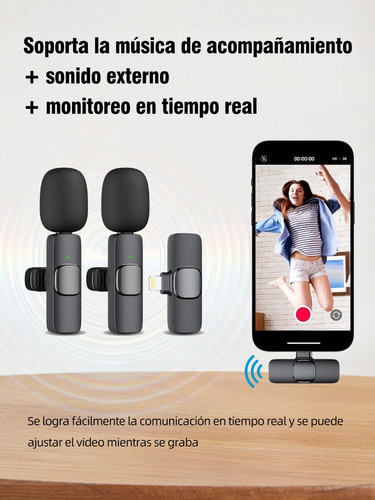 Micrófono Inalámbrico Bluetooth 2en1 Con Clip Para Móviles Negro+lightning