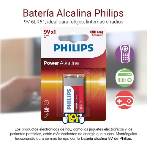 Batería 9v Alcalina Philips 6lr61 Loi