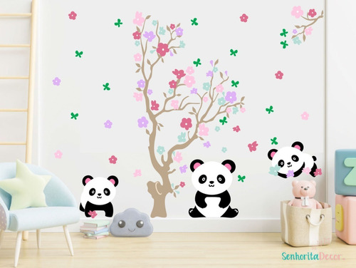 Adesivo Para Parede Árvore Com Ursos Panda Arvore Flores