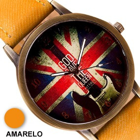 Relógio Vintage Bandeira Inglaterra Pulseira Tecido Amarelo