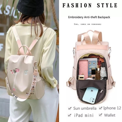 Mochila Impermeable Con Bordado De Flores Para Mujer