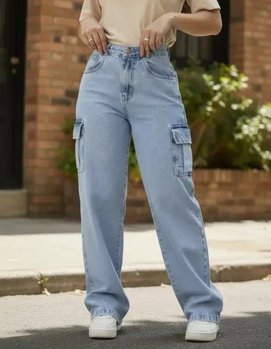 Calça Jeans Feminina Cargo Levanta Bumbum Cintura Alta