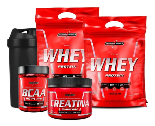 Kit 2x Whey 900g + Bcaa + Creatina + Shaker - Integralmédica