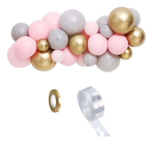 Arco De Globos Dorado Cromado Rosa Y Gris 32 Piezas