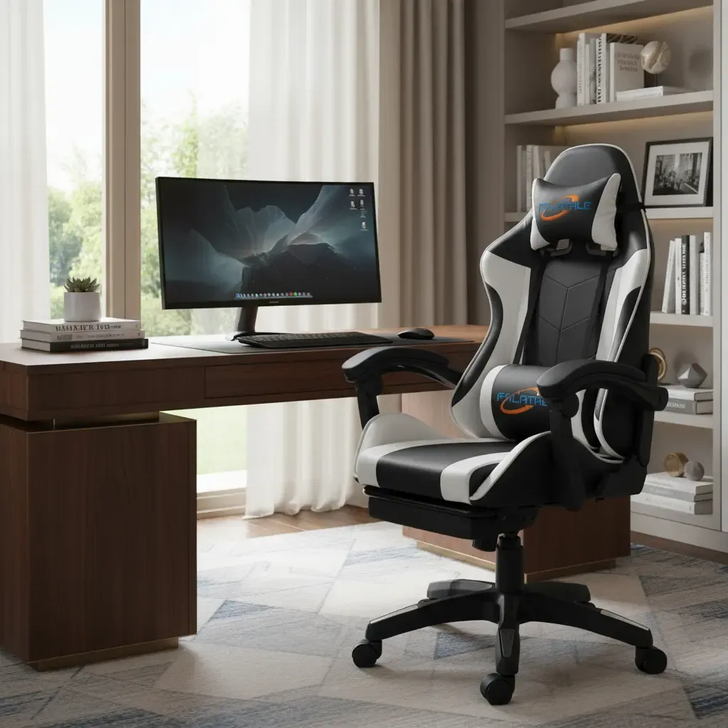 Silla Gaming Ergonómica Reclinable De Cuero Con Reposapiés Color Blanco