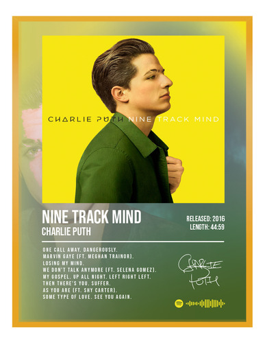 Cuadro Charlie Puth Nine Track Album Music Firma Marco 60x50