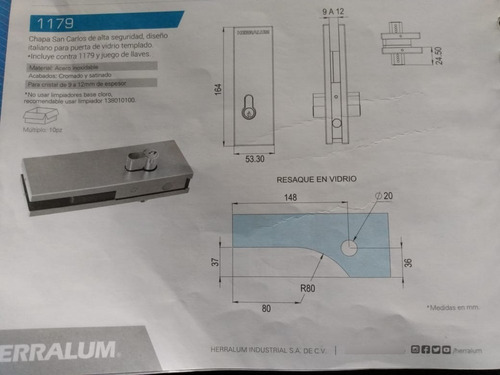 Imagen 2 de 2 de Chapa P/vidrio Templado Sencilla Herralum Mod.1179