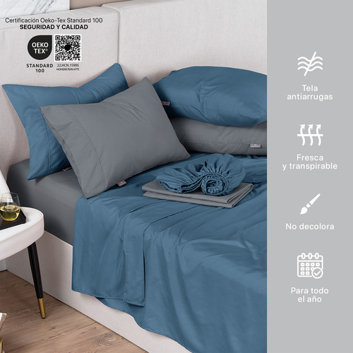 Paquete 2 Juegos De Sábanas Individual Real Textil, Microfibra Hipoalergénica Y Fresca, Azul y Gris Oscuro